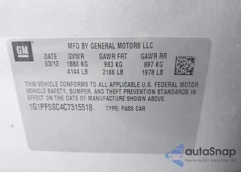 2012 Chevrolet Cruze 1Lt from USA, damaged, VIN 1G1PF5SC4C7315518